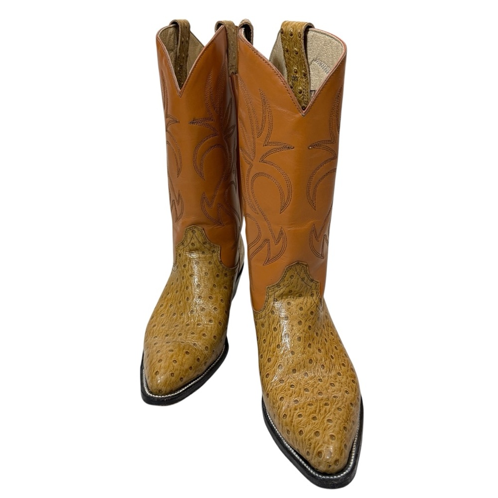 Justin Full Quill Ostrich Men's Tan Cowboy Boots Honey Leather Stitched 1.5in 8
